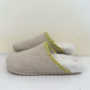 Anthropologie Light Beige Lime Green Whipstitch Faux Fur Mule Slippers Size 6